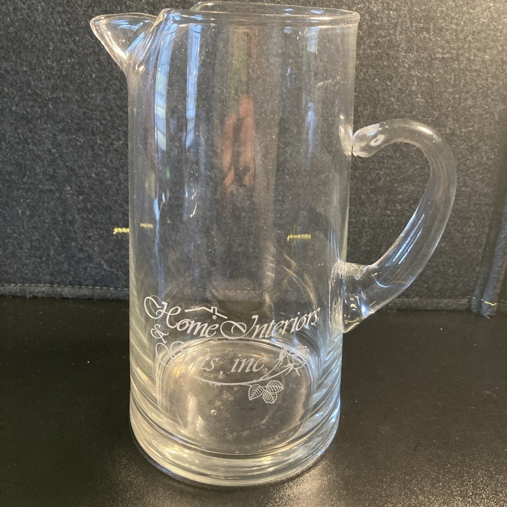 Vintage Home Interiors & Gifts Inc Glass Pitcher Etched Logo Clear Glass